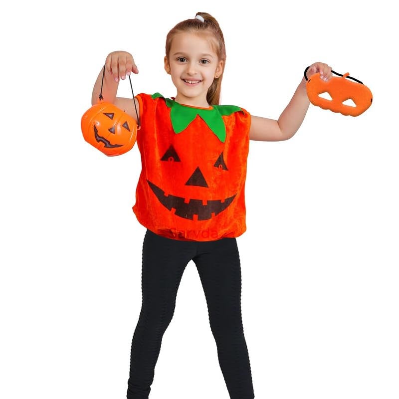 Sarvda Velvet Pumpkin Dress for Kids | Halloween Costume for Boys and Girls | Candy Basket, Mask, Cap, Teeth, Fun Tattoo | 5-6 Years, Orange - Image 3