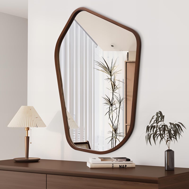 TheiaMo 40"x28" Irregular Wall Mirror, Farmhouse Asymmetrical Mirror for Wall Decor, Wood Frame Bathroom Mirror for Living Room Bedroom Entryway Bathroom, Vertically, Walnut - Image 1