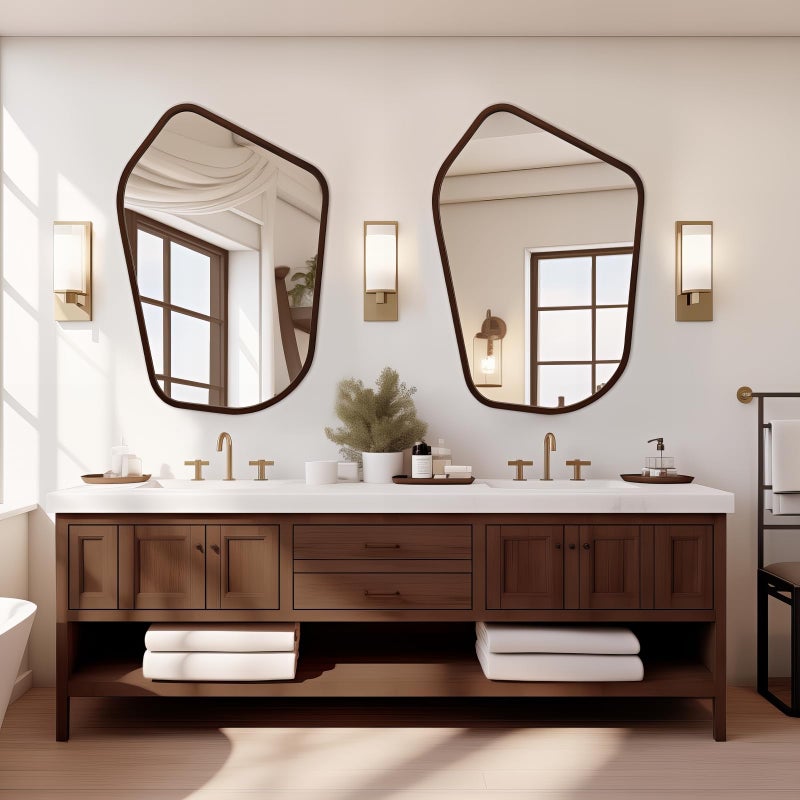 TheiaMo 40"x28" Irregular Wall Mirror, Farmhouse Asymmetrical Mirror for Wall Decor, Wood Frame Bathroom Mirror for Living Room Bedroom Entryway Bathroom, Vertically, Walnut - Image 2