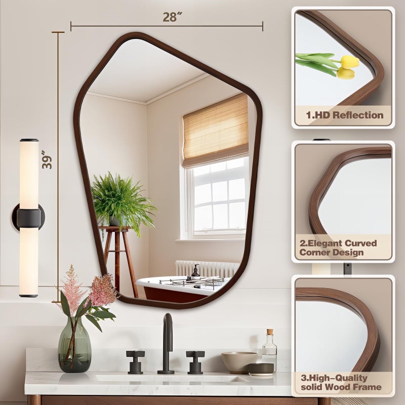 TheiaMo 40"x28" Irregular Wall Mirror, Farmhouse Asymmetrical Mirror for Wall Decor, Wood Frame Bathroom Mirror for Living Room Bedroom Entryway Bathroom, Vertically, Walnut - Image 3