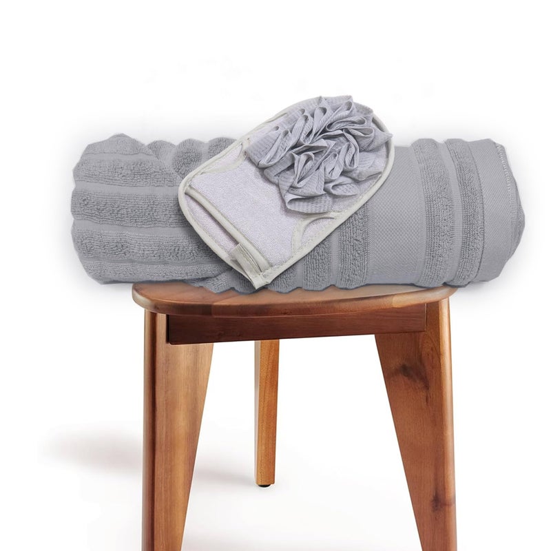 COOZLY Dermbrandt 100% Cotton Premium Bath Towels with Loofah | 3X Absorbent Than Plain Cotton Towels | Lightweight | Quick Dry | 140 x 70 cm | Self Cotton Jaquard Towel Design (Grey Striped) - Image 1