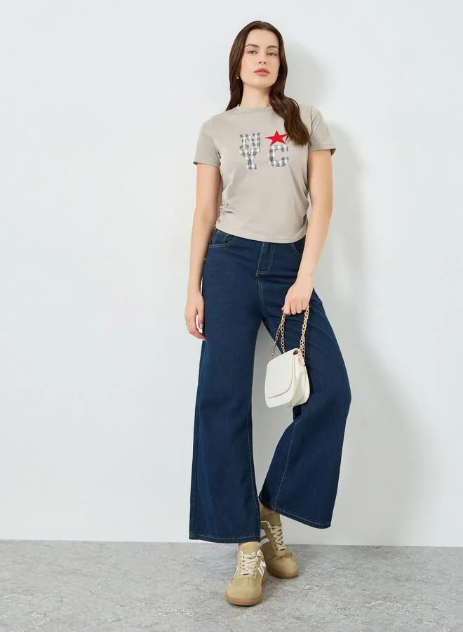 Styli Women Beige Graphic Print Ruched T-Shirt