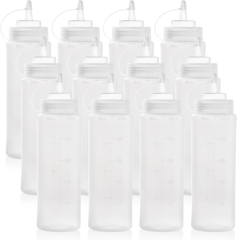 Bekith 12 pack 16 Oz Wide Mouth Plastic Squeeze Condiment Bottles with Twist On Cap Lids and Discrete Measurements, Empty Squirt Bottle For Sauce, Ketchup, Paint - Image 1