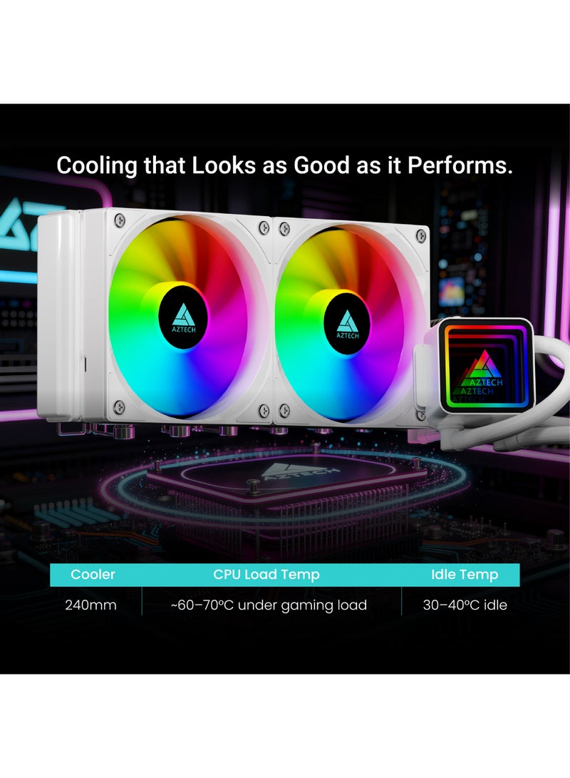 AZTECH 240mm AIO Liquid CPU Cooler White Dual PWM ARGB Fans Infinite Mirror Pump High Performance Water Cooling Copper Base 260W TDP for Gaming PC Intel LGA1700 AMD AM5 AM4 - Image 2
