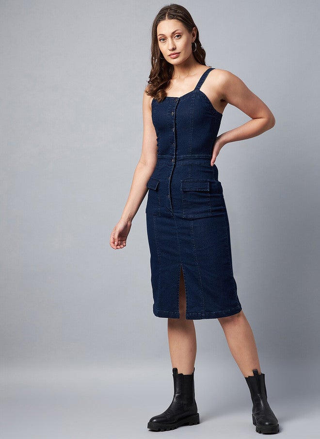 StyleStone Blue Denim Sheath Dress with Button Closure and Sleeveless Design - Image 5