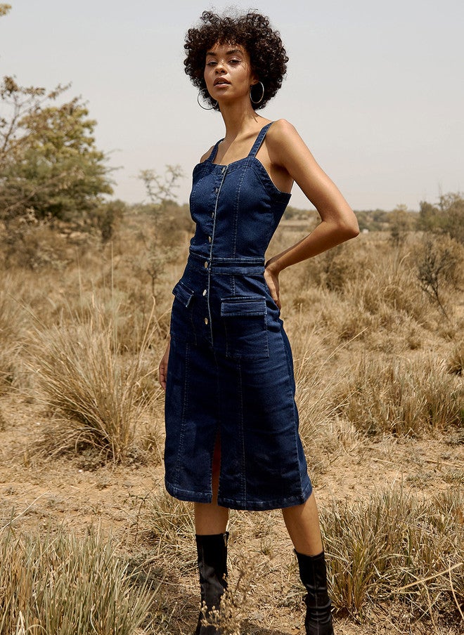 StyleStone Blue Denim Sheath Dress with Button Closure and Sleeveless Design - Image 1