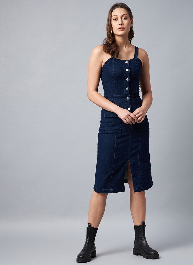 StyleStone Blue Denim Sheath Dress with Button Closure and Sleeveless Design - Image 3