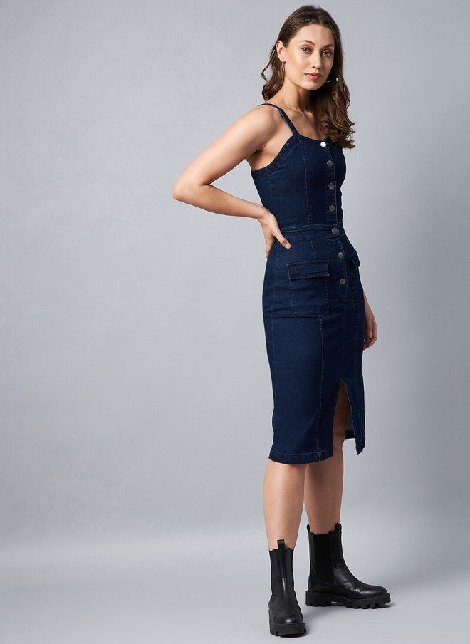 StyleStone Blue Denim Sheath Dress with Button Closure and Sleeveless Design - Image 4