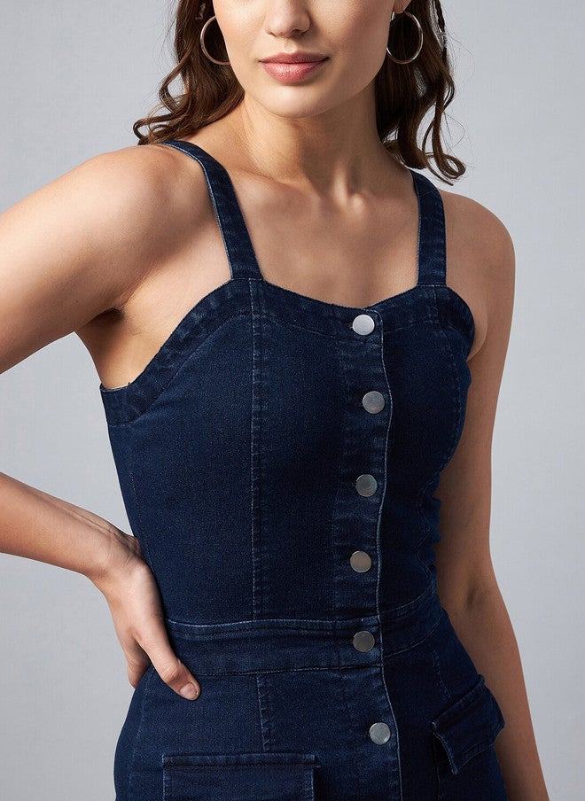 StyleStone Blue Denim Sheath Dress with Button Closure and Sleeveless Design - Image 2