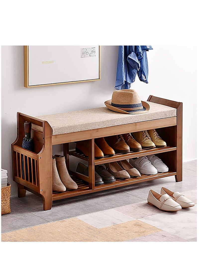Arabest مقعد أحذية بطبقتين، رف أحذية مع درج مخفي وحامل جانبي، منظم مقعد تخزين الأحذية لمدخل غرفة المعيشة، مادة الخيزران - Image 1