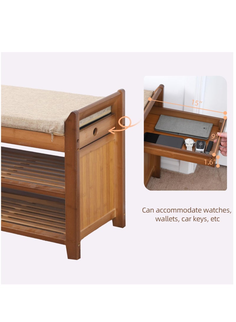 Arabest مقعد أحذية بطبقتين، رف أحذية مع درج مخفي وحامل جانبي، منظم مقعد تخزين الأحذية لمدخل غرفة المعيشة، مادة الخيزران - Image 4