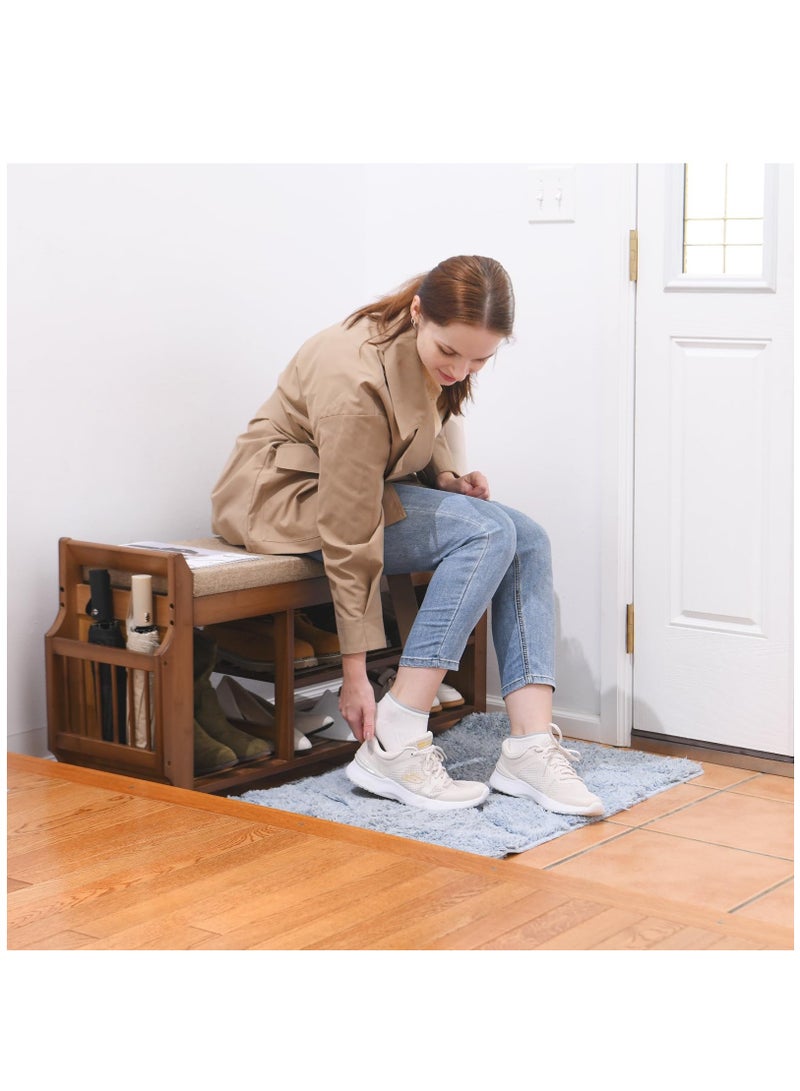 Arabest مقعد أحذية بطبقتين، رف أحذية مع درج مخفي وحامل جانبي، منظم مقعد تخزين الأحذية لمدخل غرفة المعيشة، مادة الخيزران - Image 2