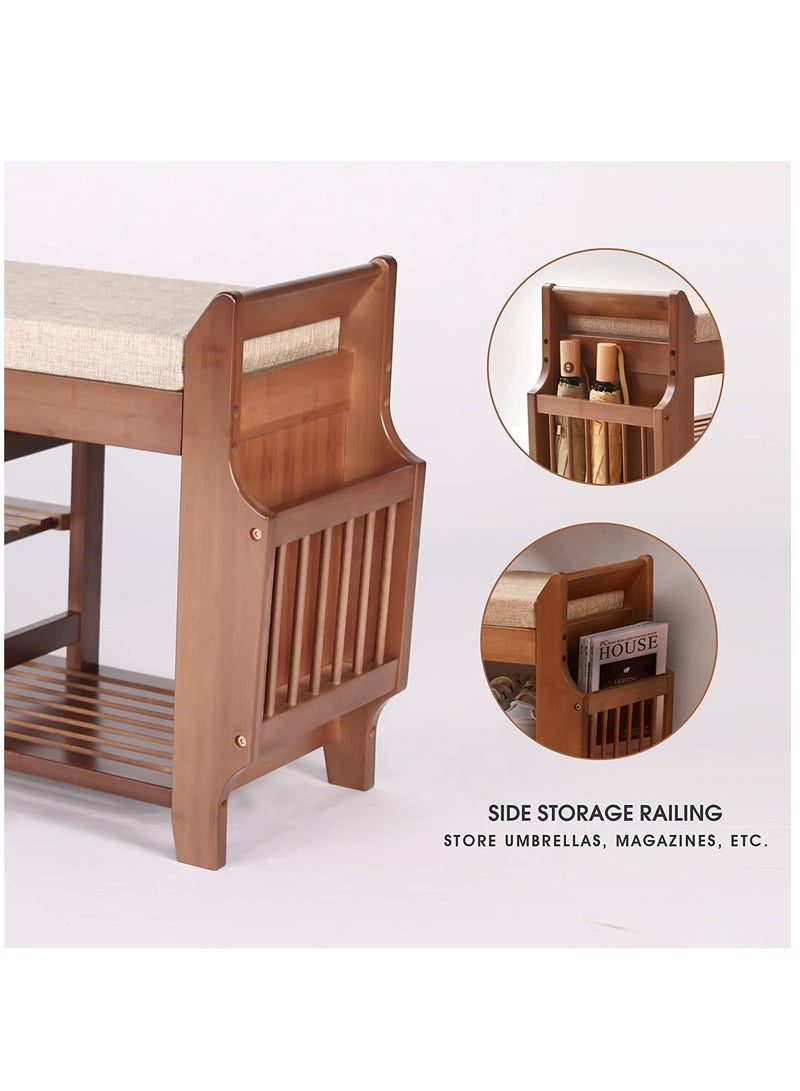 Arabest مقعد أحذية بطبقتين، رف أحذية مع درج مخفي وحامل جانبي، منظم مقعد تخزين الأحذية لمدخل غرفة المعيشة، مادة الخيزران - Image 3