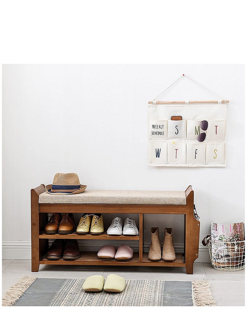 Arabest مقعد أحذية بطبقتين، رف أحذية مع درج مخفي وحامل جانبي، منظم مقعد تخزين الأحذية لمدخل غرفة المعيشة، مادة الخيزران - Image 5