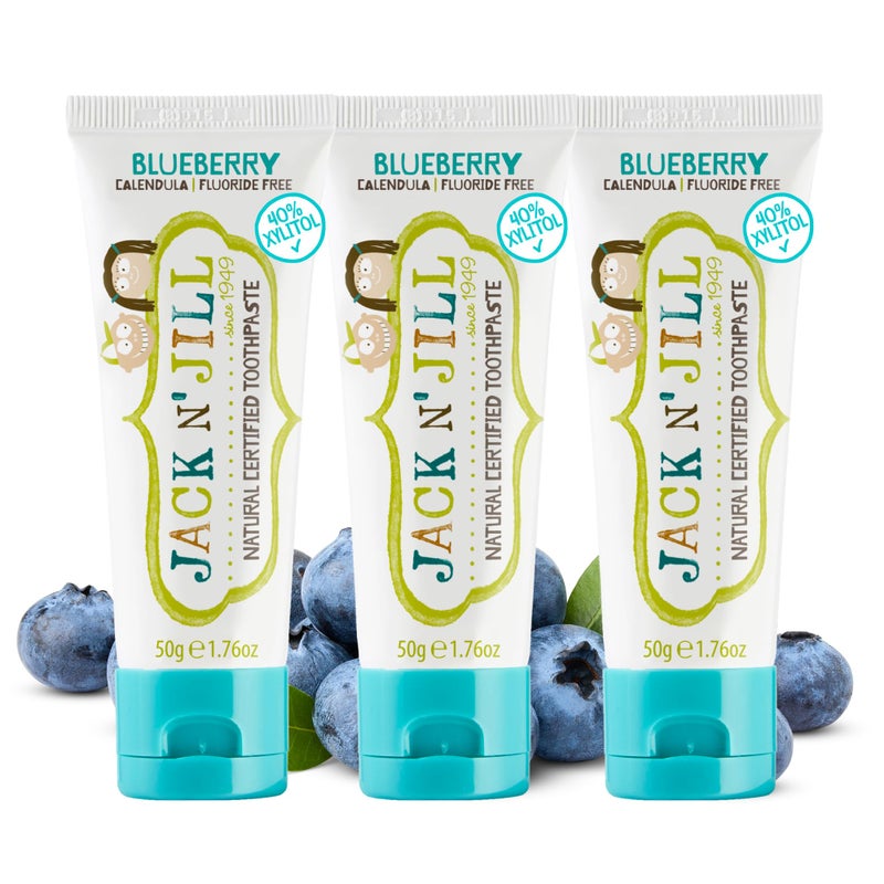 Jack N' Jill Natural Toddler Toothpaste - Fluoride Free Training Toothpaste for Toddlers 1-3, 40% Xylitol, BPA Free - Blueberry 1.76 oz (Pack of 3) - Image 1