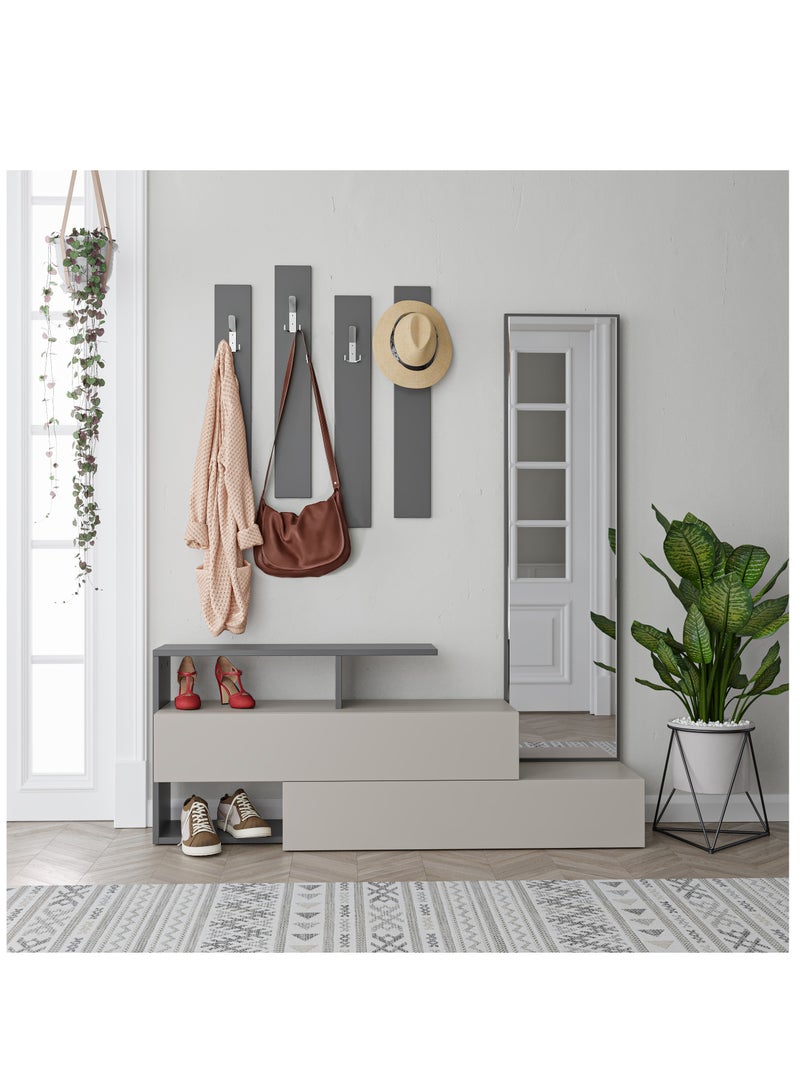 موراه خزانة أحذية موراه هوم رامدا مع مرآة - ألواح تعليق معاطف مثبتة على الحائط - مرآة كاملة الطول - 8 أزواج - منظم للسترات والحقائب والقبعات - 35 × 154 × 137 سم - موكا فاتح/رمادي غامق - Image 1