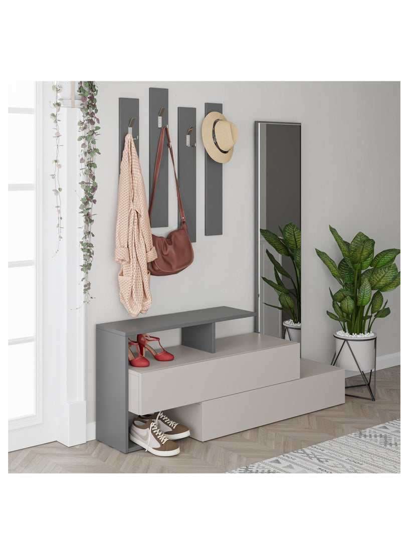 موراه خزانة أحذية موراه هوم رامدا مع مرآة - ألواح تعليق معاطف مثبتة على الحائط - مرآة كاملة الطول - 8 أزواج - منظم للسترات والحقائب والقبعات - 35 × 154 × 137 سم - موكا فاتح/رمادي غامق - Image 2