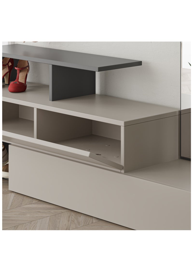 موراه خزانة أحذية موراه هوم رامدا مع مرآة - ألواح تعليق معاطف مثبتة على الحائط - مرآة كاملة الطول - 8 أزواج - منظم للسترات والحقائب والقبعات - 35 × 154 × 137 سم - موكا فاتح/رمادي غامق - Image 5