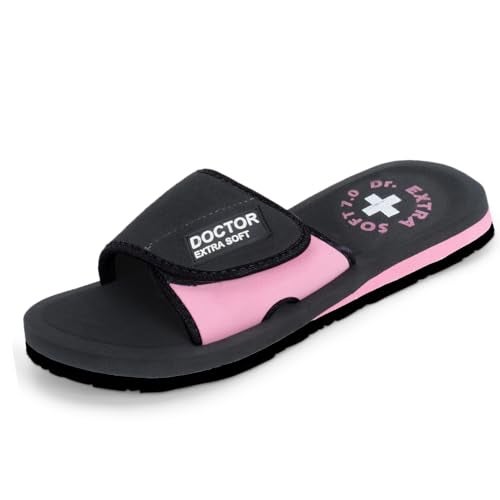 DOCTOR EXTRA SOFT Women's Care Orthopaedic and Diabetic Adjustable Strape Super Comfort Dr Sliders Flipflops and House Slippers for Women’s and Girl’s Slides D-52-Black-Pink-7UK - Image 1
