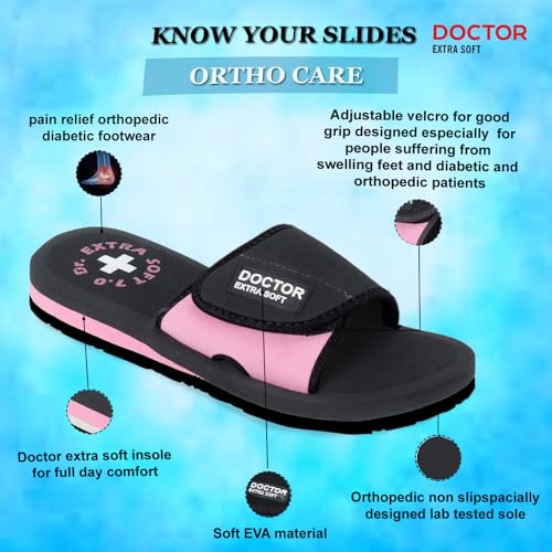 DOCTOR EXTRA SOFT Women's Care Orthopaedic and Diabetic Adjustable Strape Super Comfort Dr Sliders Flipflops and House Slippers for Women’s and Girl’s Slides D-52-Black-Pink-7UK - Image 2
