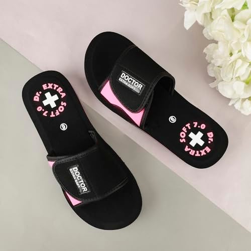 DOCTOR EXTRA SOFT Women's Care Orthopaedic and Diabetic Adjustable Strape Super Comfort Dr Sliders Flipflops and House Slippers for Women’s and Girl’s Slides D-52-Black-Pink-7UK - Image 3