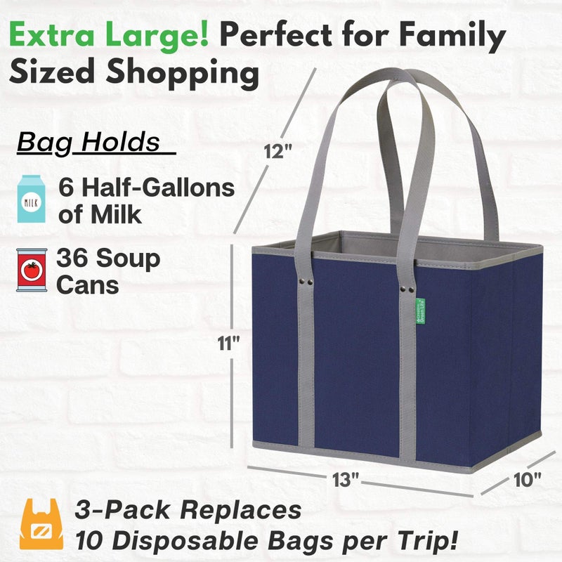 Creative Green Life Reusable Grocery Bags (3 Pack) – Heavy Duty Reusable Shopping Bags with Box Shape to Stand Up, Stay Open, Fold Flat – Large Tote Bags are Foldable with Long Handles & Hard Bottom (Navy Blue)  - Image 4