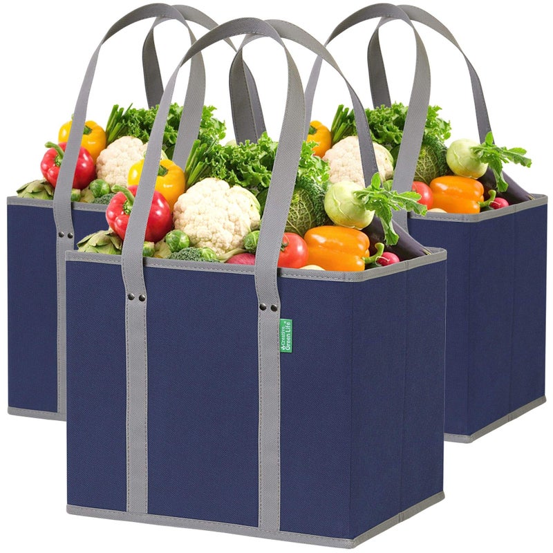 Creative Green Life Reusable Grocery Bags (3 Pack) – Heavy Duty Reusable Shopping Bags with Box Shape to Stand Up, Stay Open, Fold Flat – Large Tote Bags are Foldable with Long Handles & Hard Bottom (Navy Blue)  - Image 1