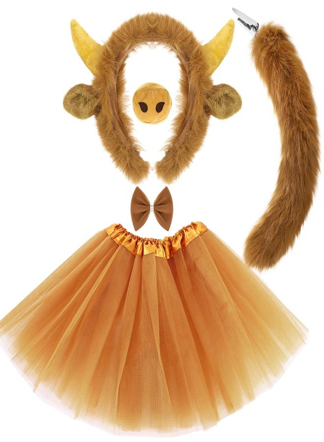 Janinka 5pcs Halloween Highland Cow Costume Set for Girls Women Brown Cow Ears Horns Headband Bowtie Tail Tutu Skirt Animal Fancy Costume Accessories for Halloween Cosplay Party - Image 1