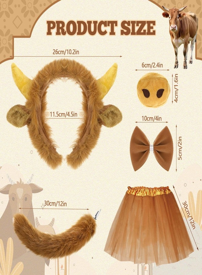 Janinka 5pcs Halloween Highland Cow Costume Set for Girls Women Brown Cow Ears Horns Headband Bowtie Tail Tutu Skirt Animal Fancy Costume Accessories for Halloween Cosplay Party - Image 3