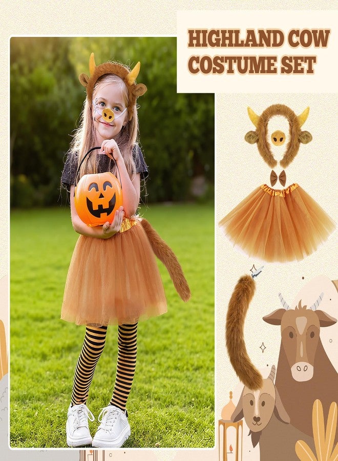 Janinka 5pcs Halloween Highland Cow Costume Set for Girls Women Brown Cow Ears Horns Headband Bowtie Tail Tutu Skirt Animal Fancy Costume Accessories for Halloween Cosplay Party - Image 2