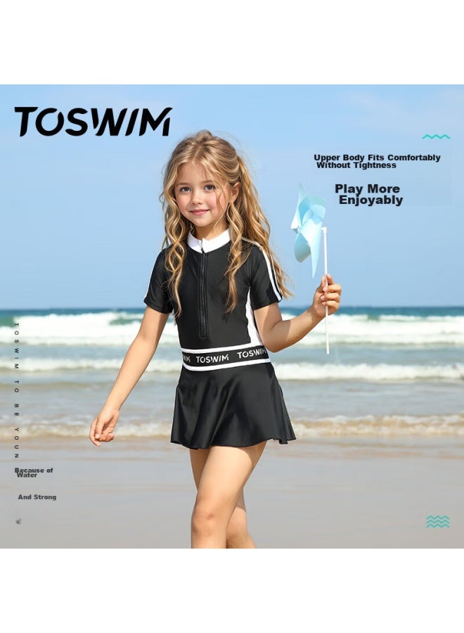 Toswim Children's One-piece Swimsuit Dress For Girls, Vacation Sun Protection, Skin-friendly, For Older Children, Black Party Style, Size 130 - Image 1