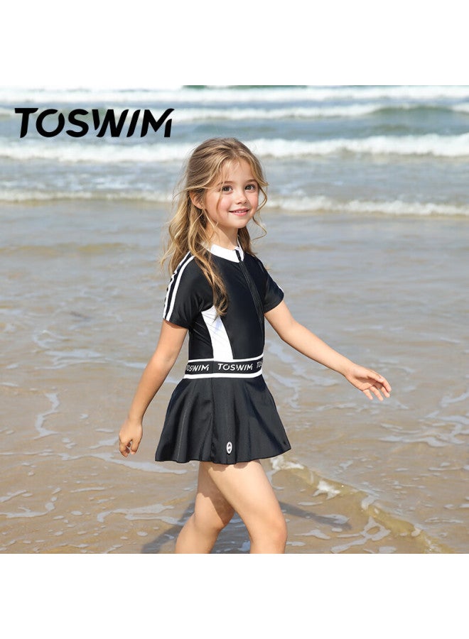 Toswim Children's One-piece Swimsuit Dress For Girls, Vacation Sun Protection, Skin-friendly, For Older Children, Black Party Style, Size 130 - Image 4