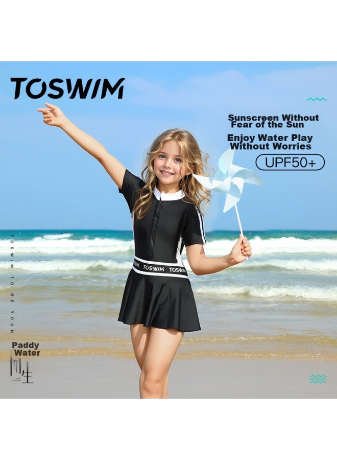 Toswim Children's One-piece Swimsuit Dress For Girls, Vacation Sun Protection, Skin-friendly, For Older Children, Black Party Style, Size 130 - Image 2