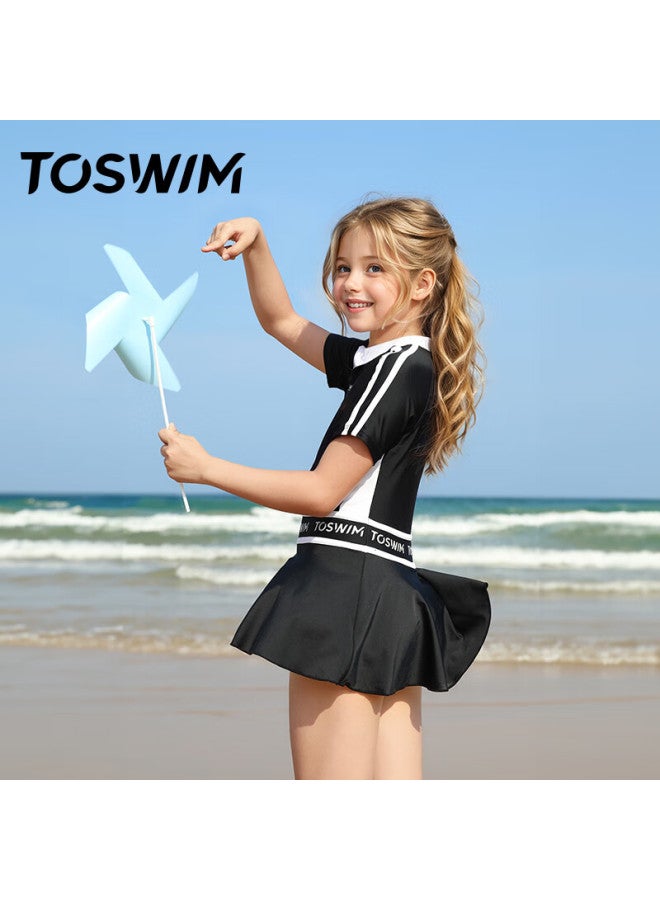 Toswim Children's One-piece Swimsuit Dress For Girls, Vacation Sun Protection, Skin-friendly, For Older Children, Black Party Style, Size 130 - Image 3