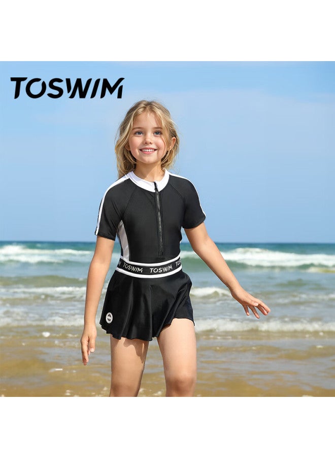Toswim Children's One-piece Swimsuit Dress For Girls, Vacation Sun Protection, Skin-friendly, For Older Children, Black Party Style, Size 130 - Image 5
