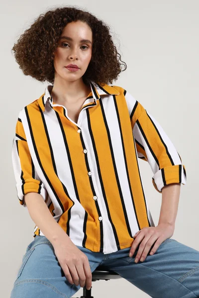 Campus Sutra Women's Mustard Yellow & Chalk White Striped Boxy Shirt