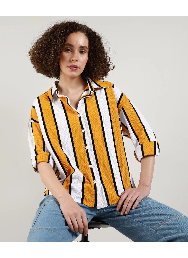 Campus Sutra Women's Mustard Yellow & Chalk White Striped Boxy Shirt