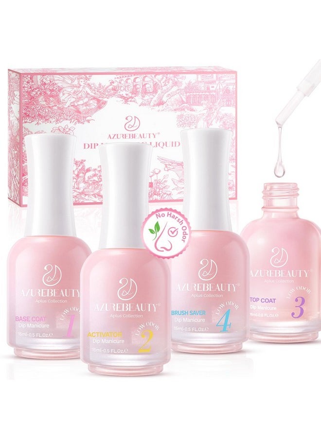 AZUREBEAUTY Dip Powder Liquid Set 4 Pcs Clear Dipping Powder Base Activator Top Coat And Brush Saver For Dip Powder Nail Kit 15Ml/0.57Oz Low Odor Nail Dip Liquid Set No Need Nail Lamp Diplypro  - Image 1