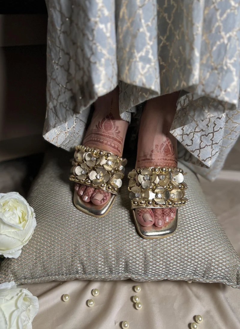 Embellished 3D Flower Block Heels