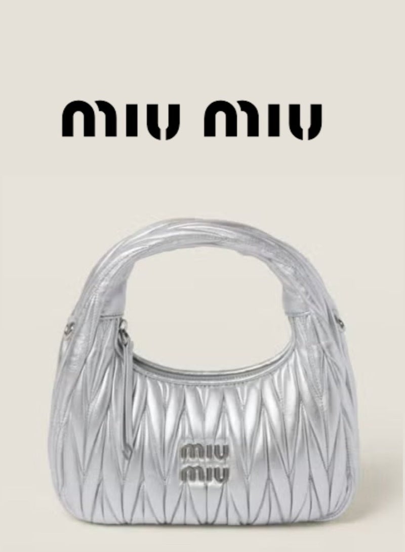 Miu Miu Wander Matelassé Nappa Leather Hobo Bag, Women's Tote Bag, Womens Cross-Body Bag, Women's Hand Bag, Women's Shoulder Bag, Women's Travel Bag, Silver - Image 1