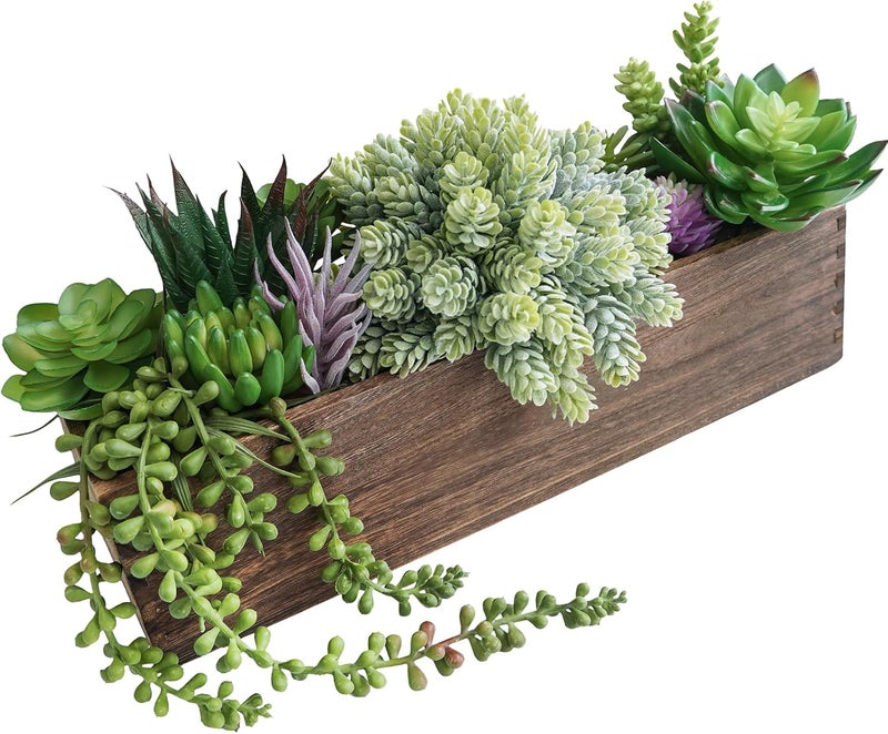 Winlyn 15" Assorted Artificial Succulent Arrangement Assorted Succulents in Rectangular Wooden Planter Faux Potted Plant for Farmhouse Table Centerpiece Windowsill Shelf Desk Mantel Greenery Décor - Image 1