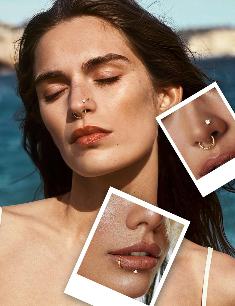 JeryWe Nose Rings for Women - 14K Gold Filled Hypoallergenic Surgical Steel Nose Rings Hoops Lip Septum Clicker Ring CZ Screw L Shaped Stud Threadless Flat Back Stud Nostril Piercing Jewelry Star - Image 2