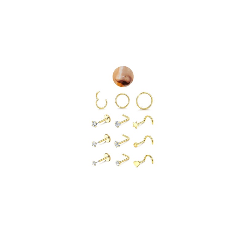 JeryWe Nose Rings for Women - 14K Gold Filled Hypoallergenic Surgical Steel Nose Rings Hoops Lip Septum Clicker Ring CZ Screw L Shaped Stud Threadless Flat Back Stud Nostril Piercing Jewelry Star - Image 1