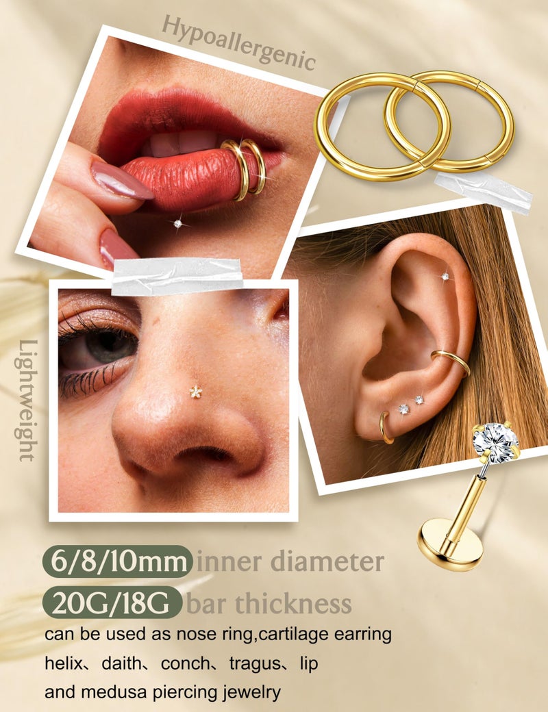 JeryWe Nose Rings for Women - 14K Gold Filled Hypoallergenic Surgical Steel Nose Rings Hoops Lip Septum Clicker Ring CZ Screw L Shaped Stud Threadless Flat Back Stud Nostril Piercing Jewelry Star - Image 5
