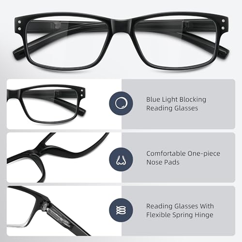 resjok 3Pairs Reading Glasses Men - Blue Light Blocking with Spring Hinge Square Readers for Men Women Anti Eyestrain (Black, 2.0x) - Image 3