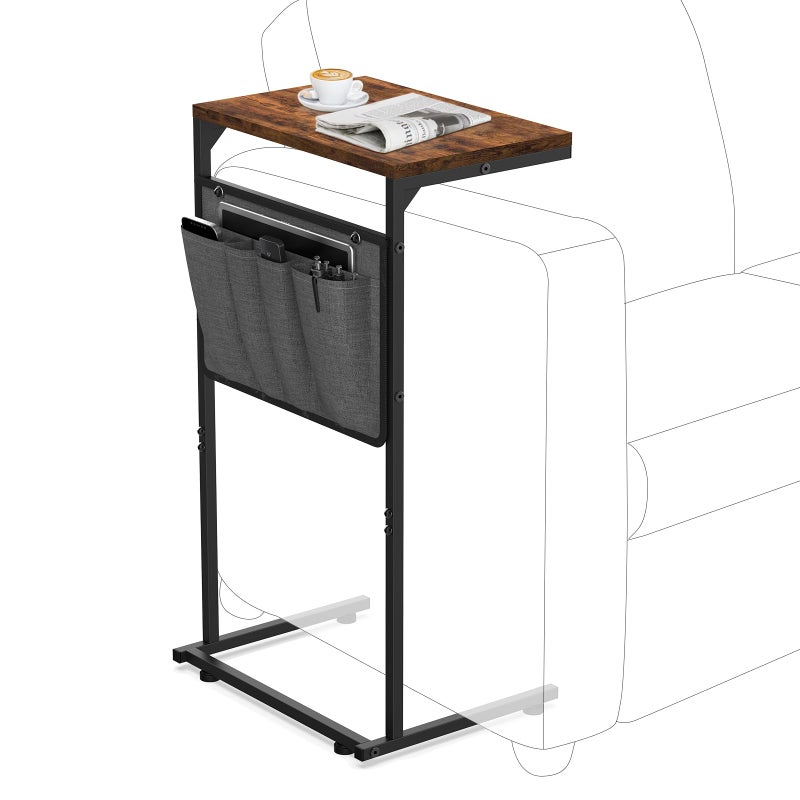 Vantic C Shaped End Table Small Side Table for Couch and Recliner Slide Under Sofa Tray Desk with Storage Bag for Living Room and Bedroom Rustic Brown