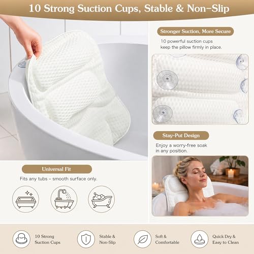 Suvast Luxury Bath Pillow for Tub, with 10 Strong Suction Cups, Non-Slip Bathtub Pillow for Head Neck & Back Support, Extra Large 21” Spa Bath Pillow, 4D Air Mesh Quick-Dry, Gift for Women(White) - Image 2