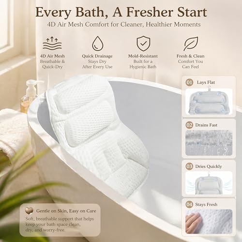 Suvast Luxury Bath Pillow for Tub, with 10 Strong Suction Cups, Non-Slip Bathtub Pillow for Head Neck & Back Support, Extra Large 21” Spa Bath Pillow, 4D Air Mesh Quick-Dry, Gift for Women(White) - Image 5