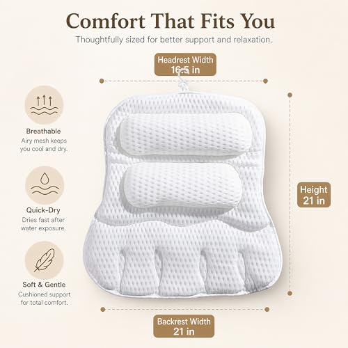 Suvast Luxury Bath Pillow for Tub, with 10 Strong Suction Cups, Non-Slip Bathtub Pillow for Head Neck & Back Support, Extra Large 21” Spa Bath Pillow, 4D Air Mesh Quick-Dry, Gift for Women(White) - Image 4