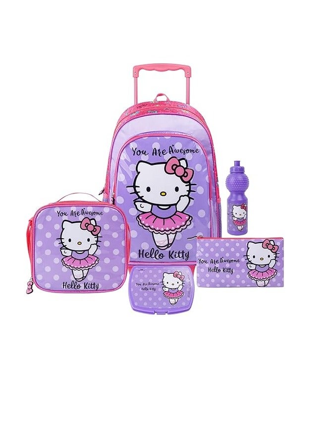 هالو كيتي مجموعة صندوق عربة 5 في 1 من Sanrio Hello Kitty You Are Awesome مقاس 18 بوصة | عربة | حقيبة غداء | زجاجة ماء | حافظة أقلام | صندوق غداء | عبوة - Image 1